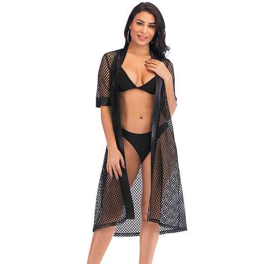 Enchanting Sheer Black Net Nightgown / Robe with Belt